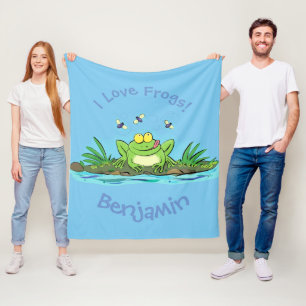 Funny green frog with flies cartoon illustration fleece blanket