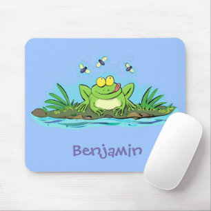 Funny green frog with flies cartoon illustration mouse mat