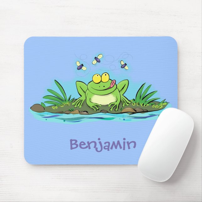 Funny green frog with flies cartoon illustration mouse mat (With Mouse)