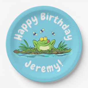 Funny green frog with flies cartoon illustration paper plate