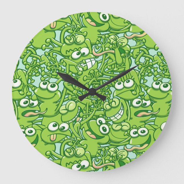 Funny green frogs entangled in a messy pattern large clock (Front)