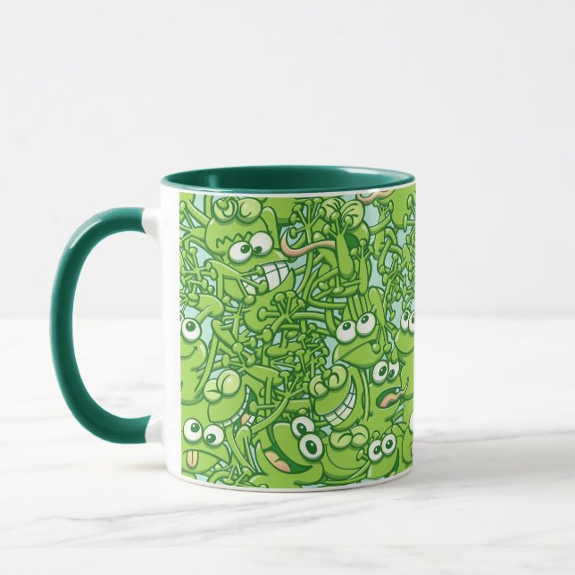 Funny green frogs entangled in a messy pattern mug (Left)