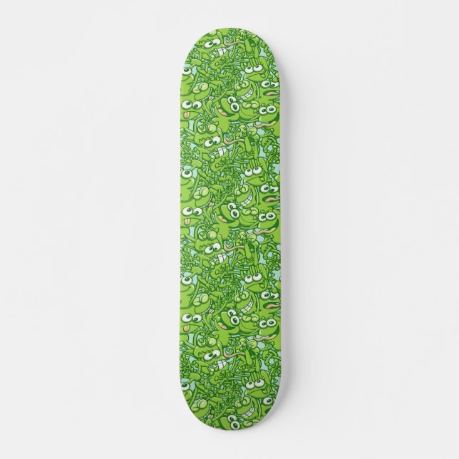 Funny green frogs entangled in a messy pattern skateboard (Front)