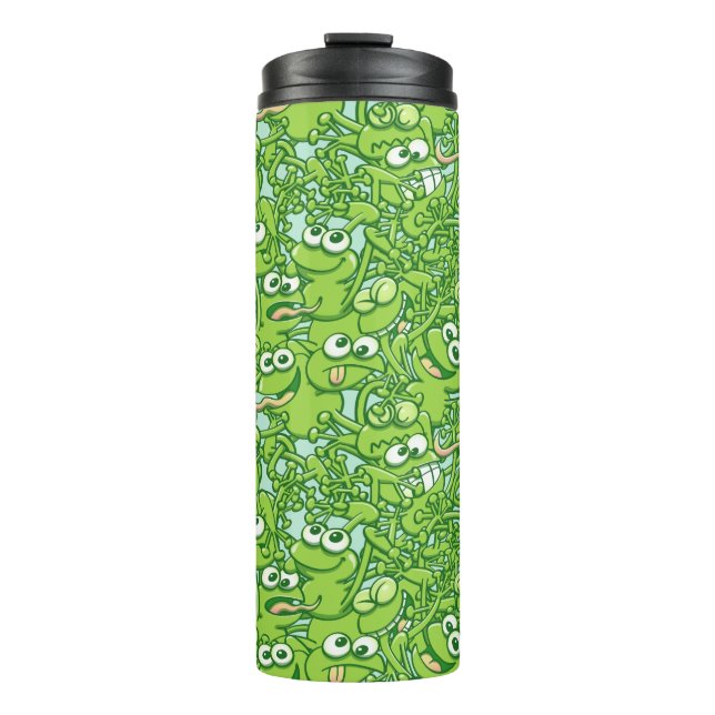 Funny green frogs entangled in a messy pattern thermal tumbler (Front)