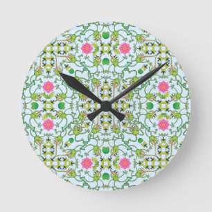 Funny green frogs hunting flies mandala design round clock