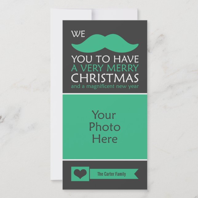 Funny Green Moustache Christmas Photo Holiday Card (Front)