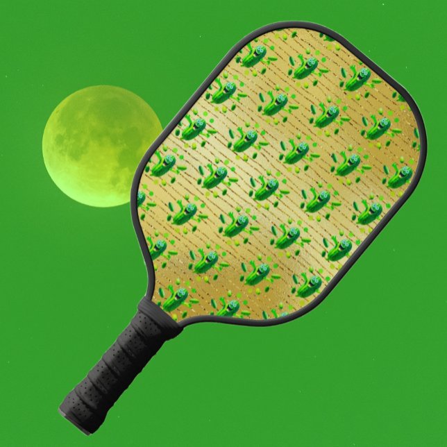 Funny Green Pickleman on Gold Background Paddle (Lots of little green pickle people take to the sky against a golden hued background! Pretty cute!)