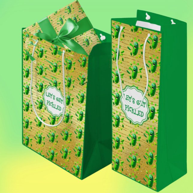 Funny Green Pickleman on Golden Background  Wine Gift Bag (Mr. Pickleman is always ready to party!)