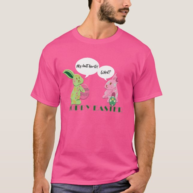Funny Green Pink Easter Bunnies Illustration T-Shirt (Front)