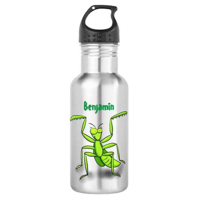 Funny green praying mantis cartoon illustration 532 ml water bottle (Front)