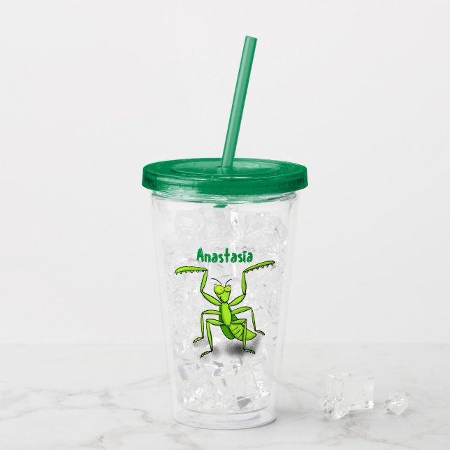 Funny green praying mantis cartoon illustration acrylic tumbler (Back Ice)