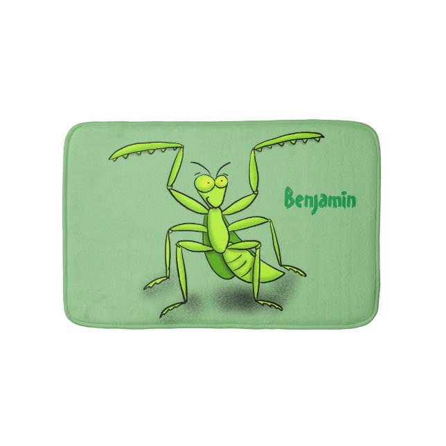 Funny green praying mantis cartoon illustration bath mat (Front)