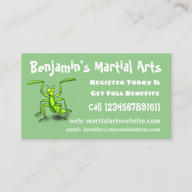 Funny green praying mantis cartoon illustration business card (Front)