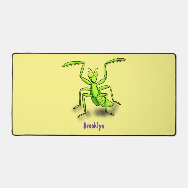 Funny green praying mantis cartoon illustration desk mat (Front)