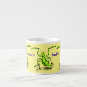 Funny green praying mantis cartoon illustration espresso cup