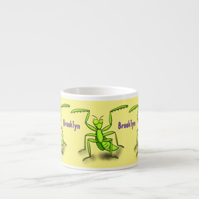 Funny green praying mantis cartoon illustration espresso cup (Front)