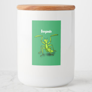 Funny green praying mantis cartoon illustration food label