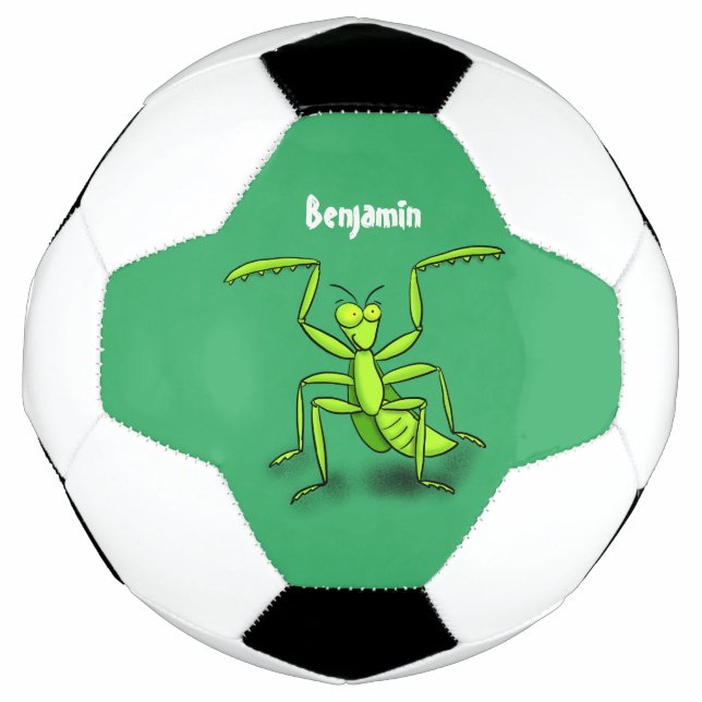 Funny green praying mantis cartoon illustration football (Front)