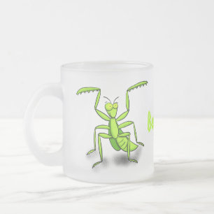 Funny green praying mantis cartoon illustration frosted glass coffee mug