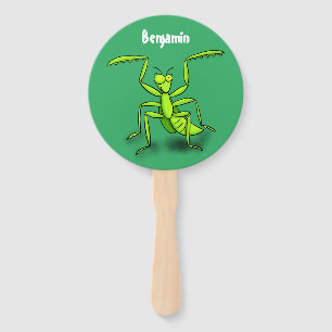 Funny green praying mantis cartoon illustration hand fan