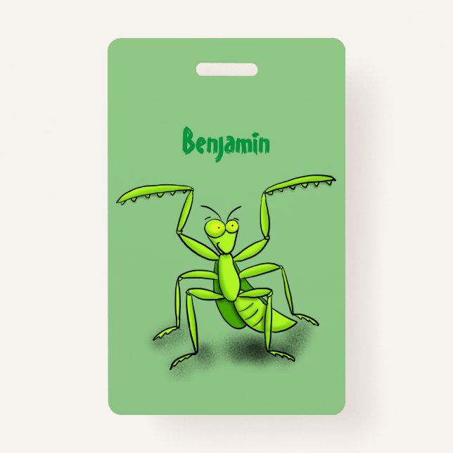 Funny green praying mantis cartoon illustration ID badge (Front)