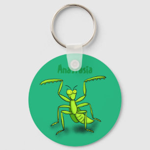 Funny green praying mantis cartoon illustration key ring