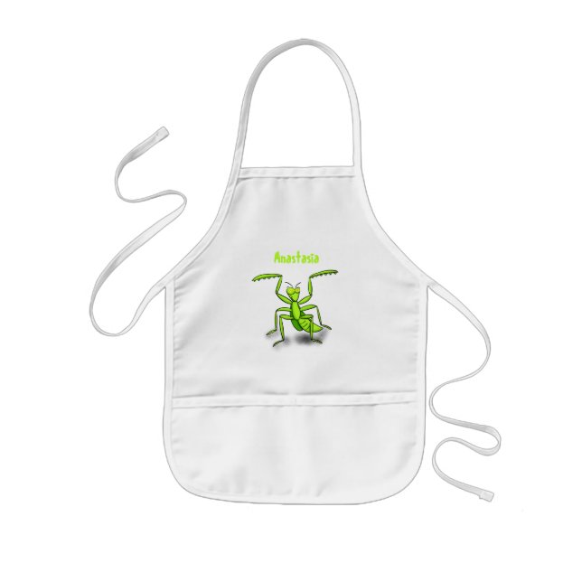 Funny green praying mantis cartoon illustration kids apron (Front)