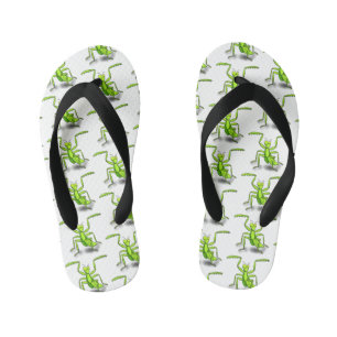 Funny green praying mantis cartoon illustration kid's flip flops