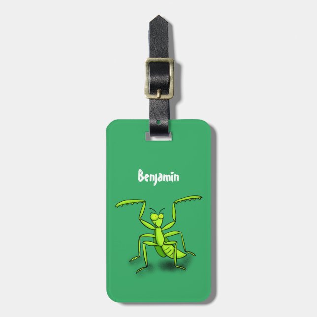 Funny green praying mantis cartoon illustration luggage tag (Front Vertical)