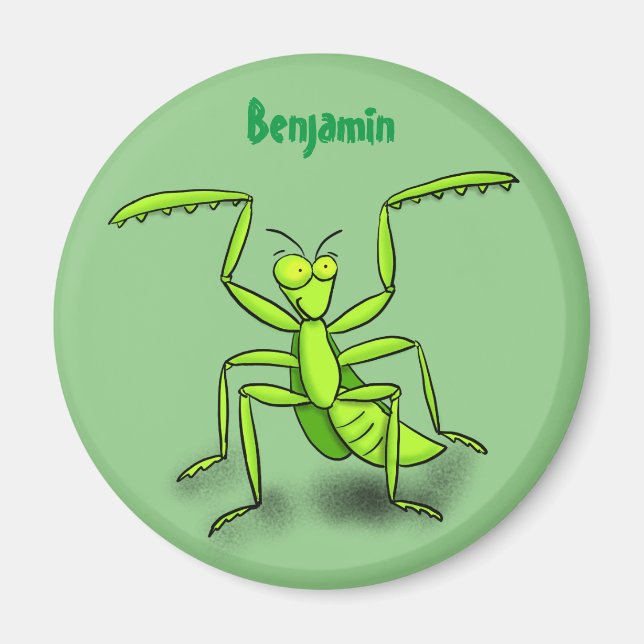 Funny green praying mantis cartoon illustration magnet (Front)