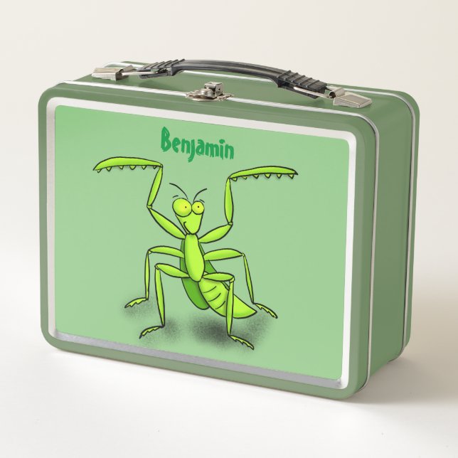 Funny green praying mantis cartoon illustration metal lunch box (Front)