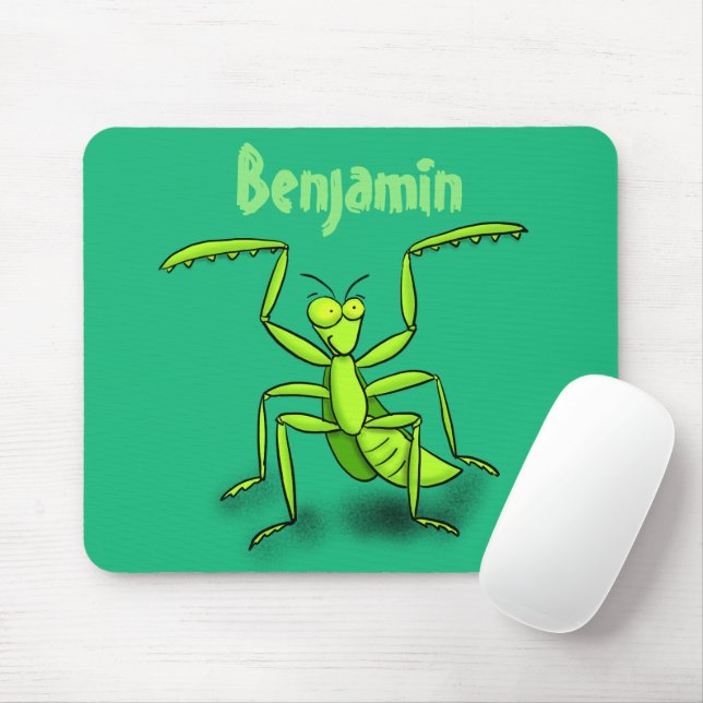 Funny green praying mantis cartoon illustration mouse mat (With Mouse)
