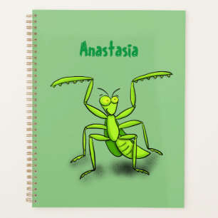 Funny green praying mantis cartoon illustration planner