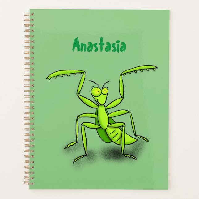 Funny green praying mantis cartoon illustration planner (Front)