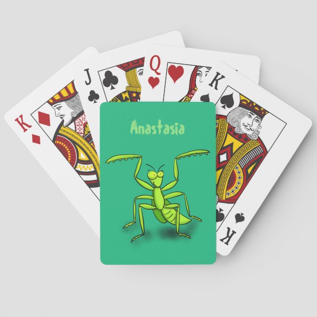 Funny green praying mantis cartoon illustration playing cards (Back)