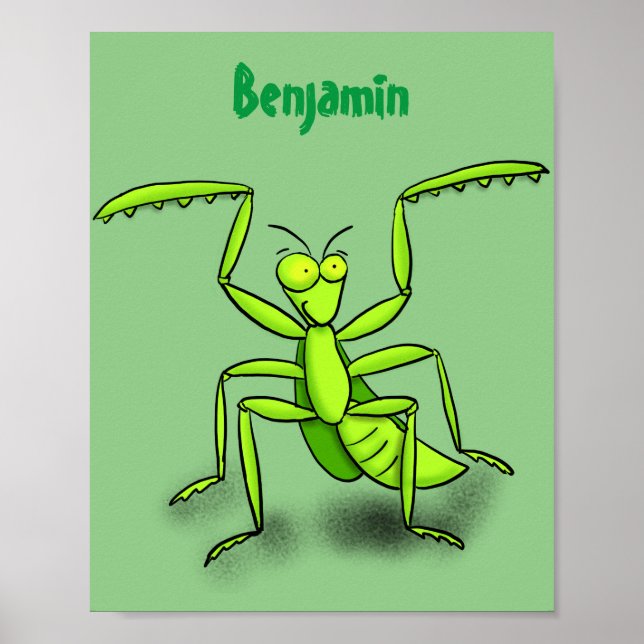 Funny green praying mantis cartoon illustration poster (Front)