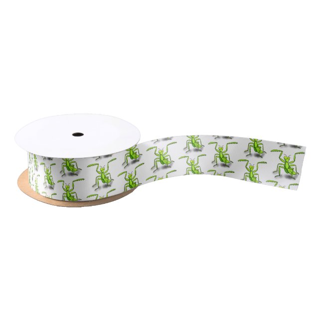 Funny green praying mantis cartoon illustration satin ribbon (Spool)