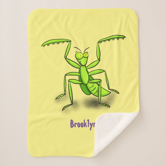 Funny green praying mantis cartoon illustration sherpa blanket (Front)