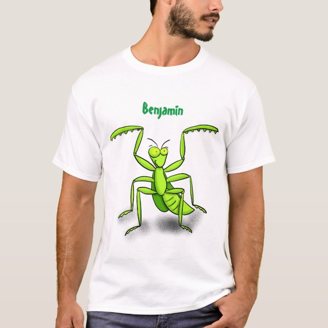 Funny green praying mantis cartoon illustration T-Shirt (Front)