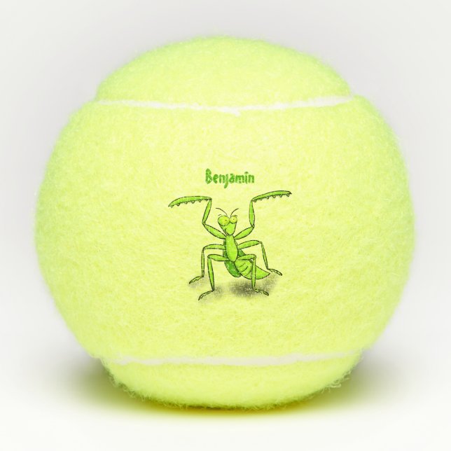 Funny green praying mantis cartoon illustration tennis balls (Front)