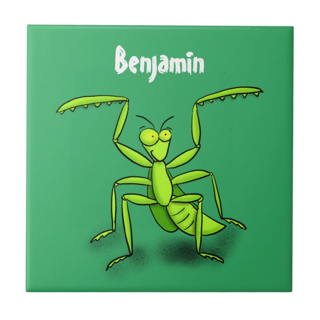 Funny green praying mantis cartoon illustration tile (Front)
