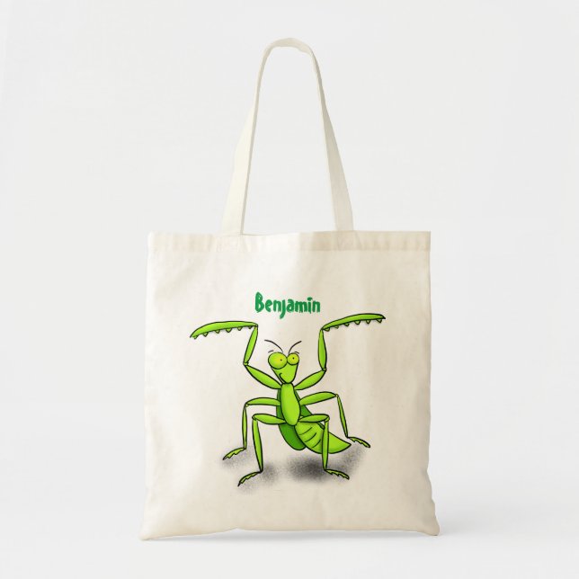 Funny green praying mantis cartoon illustration tote bag (Front)