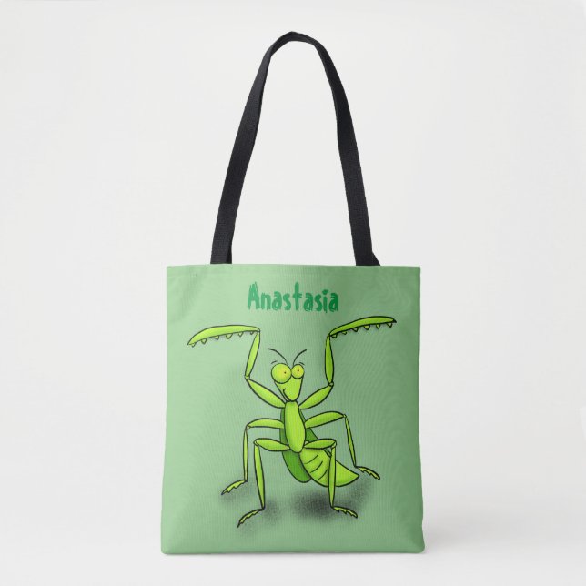 Funny green praying mantis cartoon illustration tote bag (Front)