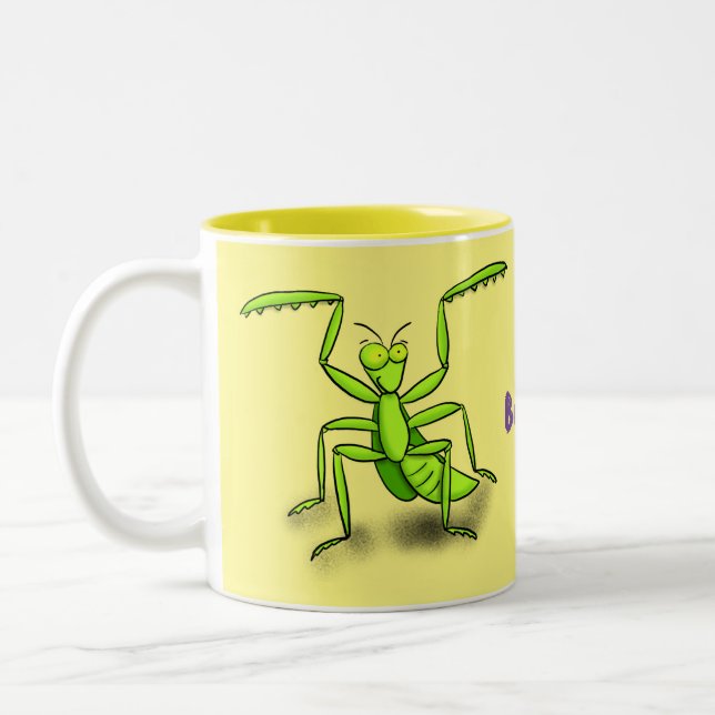 Funny green praying mantis cartoon illustration Two-Tone coffee mug (Left)