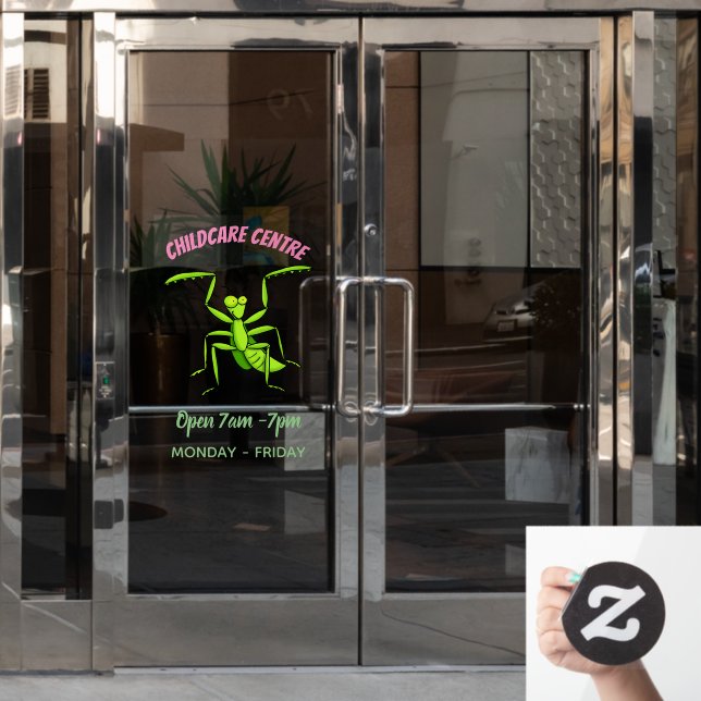 Funny green praying mantis cartoon illustration window cling (Office Door)
