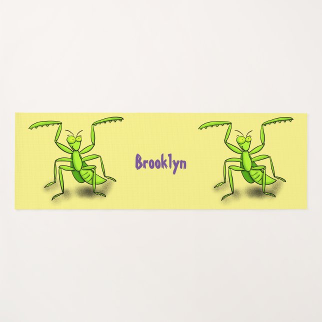 Funny green praying mantis cartoon illustration yoga mat (Front (Horizontal))