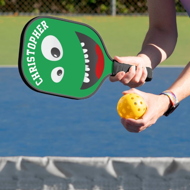 Funny Green Scary Face Novelty Personalised Name Pickleball Paddle (Insitu)