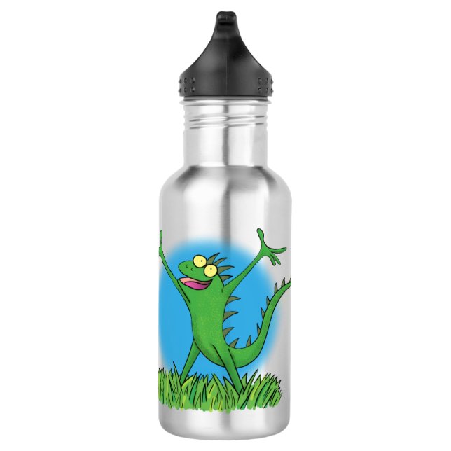 Funny green smiling animated iguana lizard 532 ml water bottle (Right)