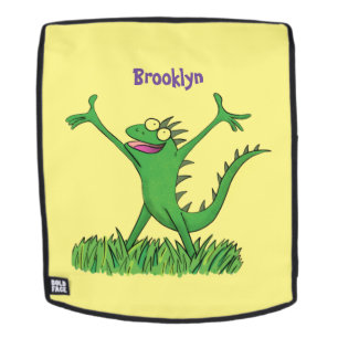 Funny green smiling animated iguana lizard backpack
