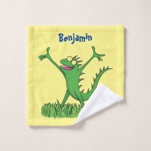Funny green smiling animated iguana lizard bath towel set (Wash Cloth)